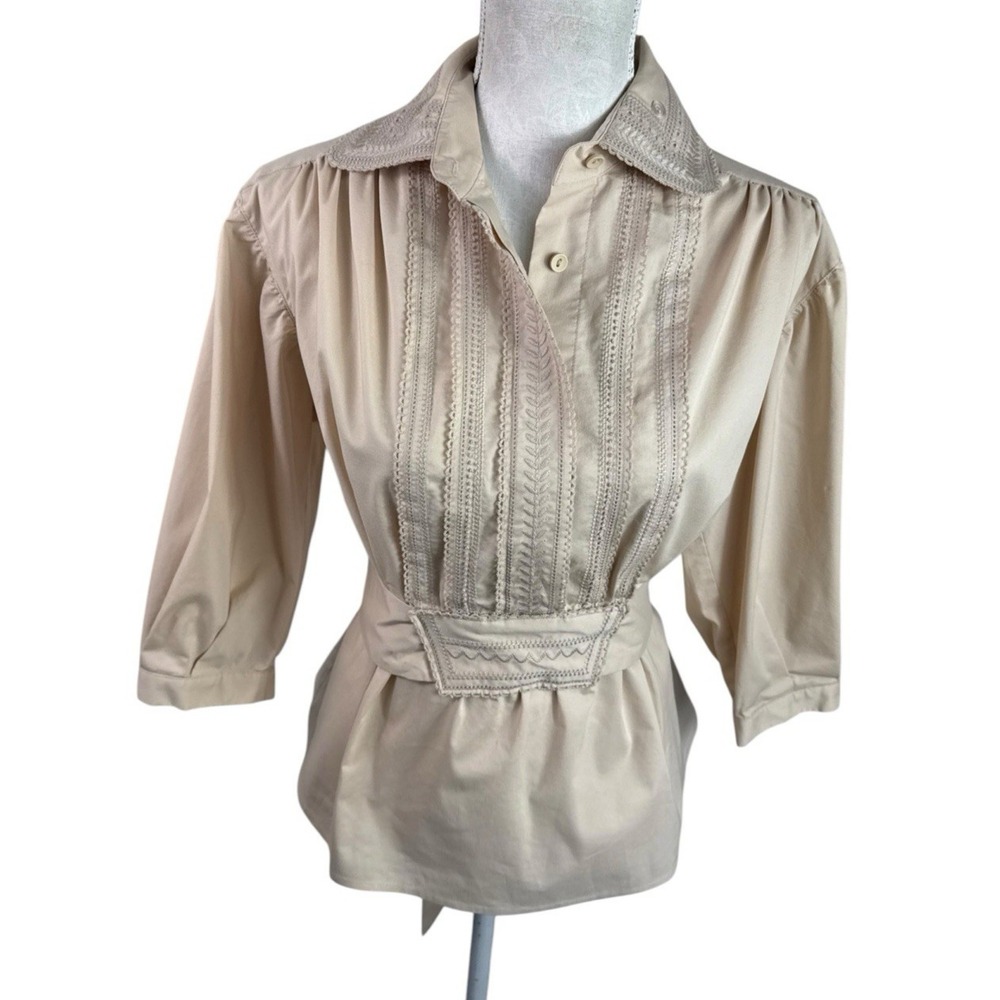 Robert Rodriguez Women's 8 Popover Blouse‎ Beige Embroidered EUC